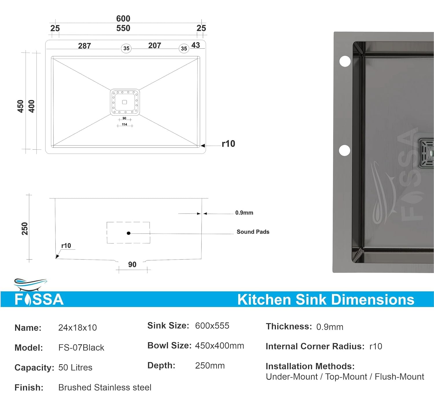 Fossa 24"x18"x10" Inch Single Bowl With Tap Hole Premium Stainless Steel Handmade Kitchen Sink (Matte Finish) Black-1