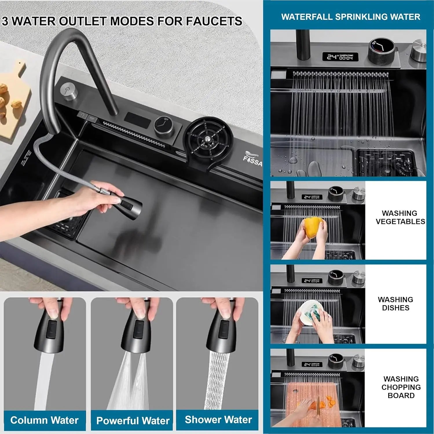 Fossa 30"x18"x10" inch Fully Equipped 304 Grade Kitchen Sink with Integrated Waterfall and Pull-down Faucets -Stainless Steel Sink with LED Pannel and Touchscreen Digital Display - Nano Black Finish with All Accessories-1