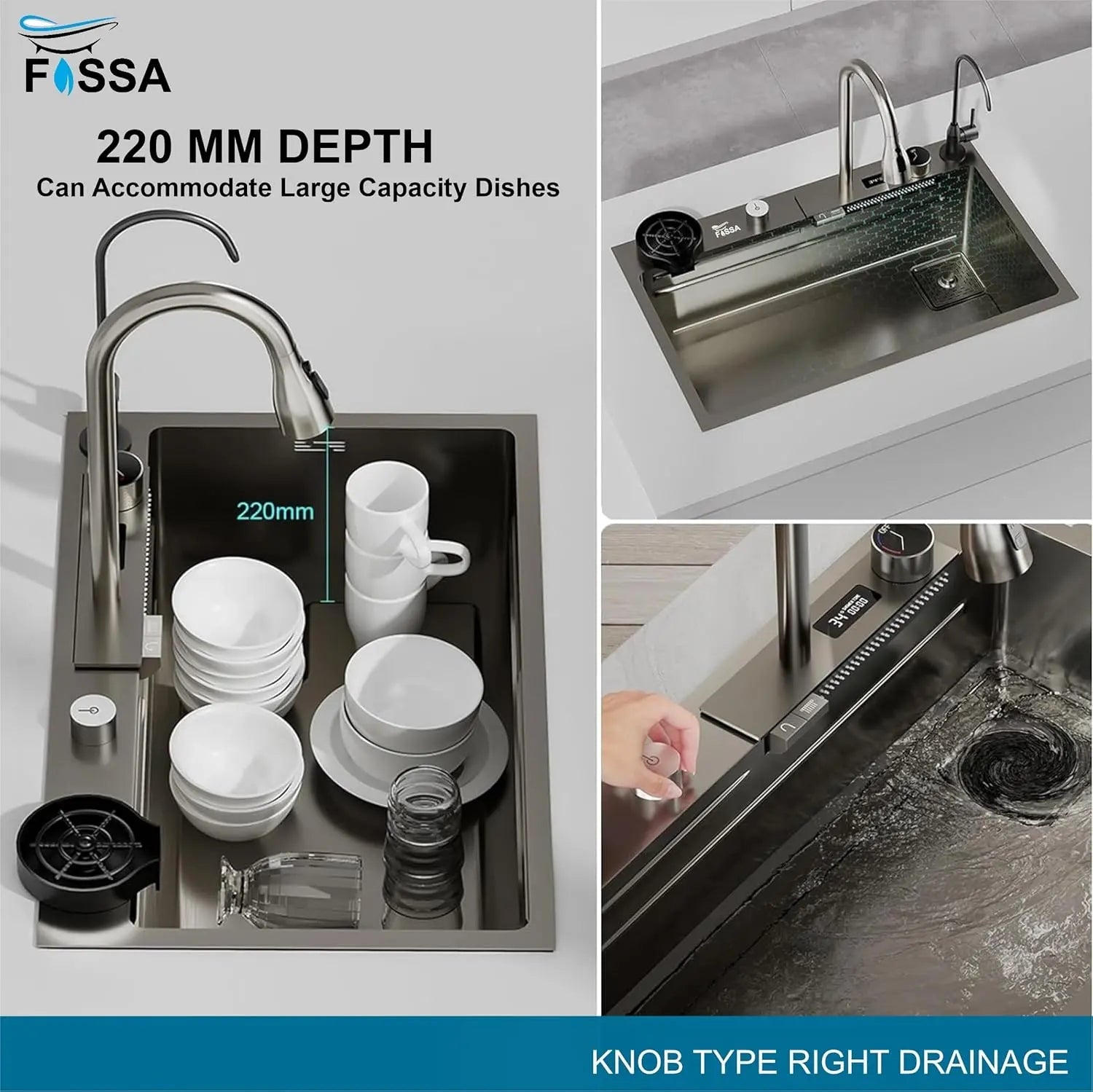 Fossa 30"x18"x10" inch Fully Equipped 304 Grade Kitchen Sink with Integrated Waterfall and Pull-down Faucets -Stainless Steel Sink with LED Pannel and Touchscreen Digital Display - Nano Black Finish with All Accessories-2