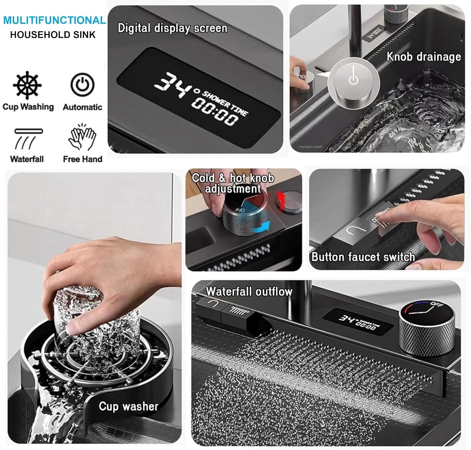 Fossa 30"x18"x10" inch Fully Equipped 304 Grade Kitchen Sink with Integrated Waterfall and Pull-down Faucets -Stainless Steel Sink with LED Pannel and Touchscreen Digital Display - Nano Black Finish with All Accessories-3