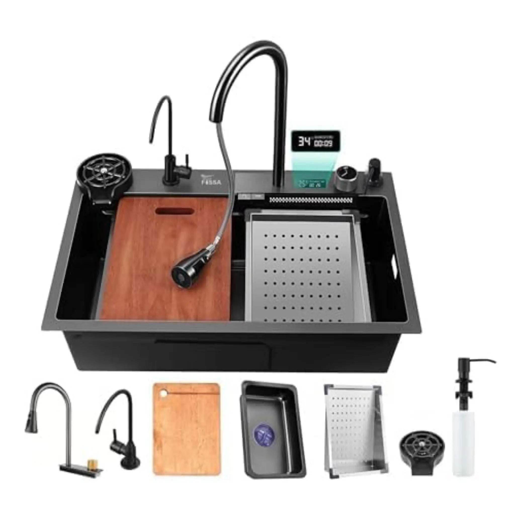 Fossa 30"x18"x10" inch Fully Equipped 304 Grade Kitchen Sink with Integrated Waterfall and Pull-down Faucets -Stainless Steel Sink with LED Pannel and Touchscreen Digital Display - Nano Black Finish with All Accessories-0