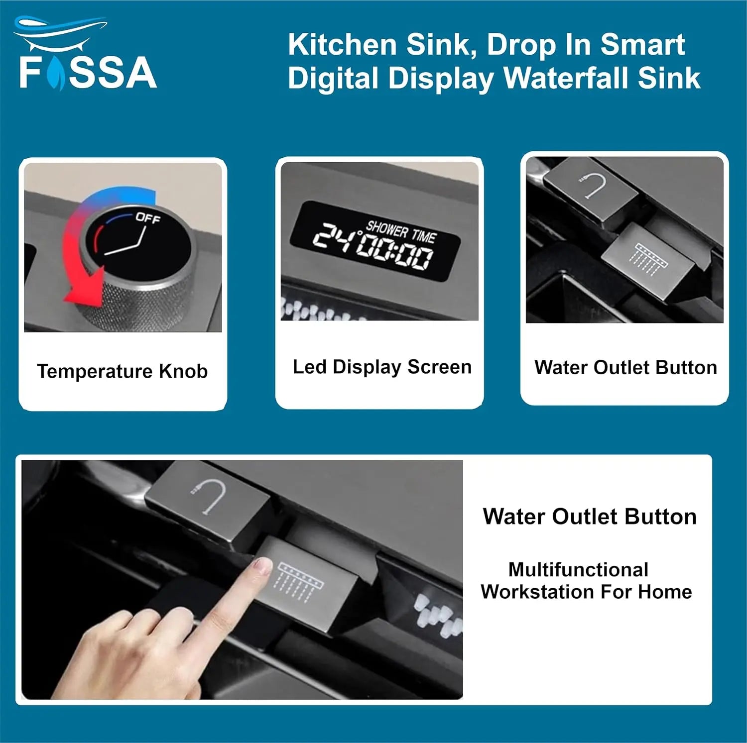 Fossa 30"x18"x10" inch Fully Equipped 304 Grade Kitchen Sink with Integrated Waterfall and Pull-down Faucets -Stainless Steel Sink with LED Pannel and Touchscreen Digital Display - Nano Black Finish with All Accessories-4