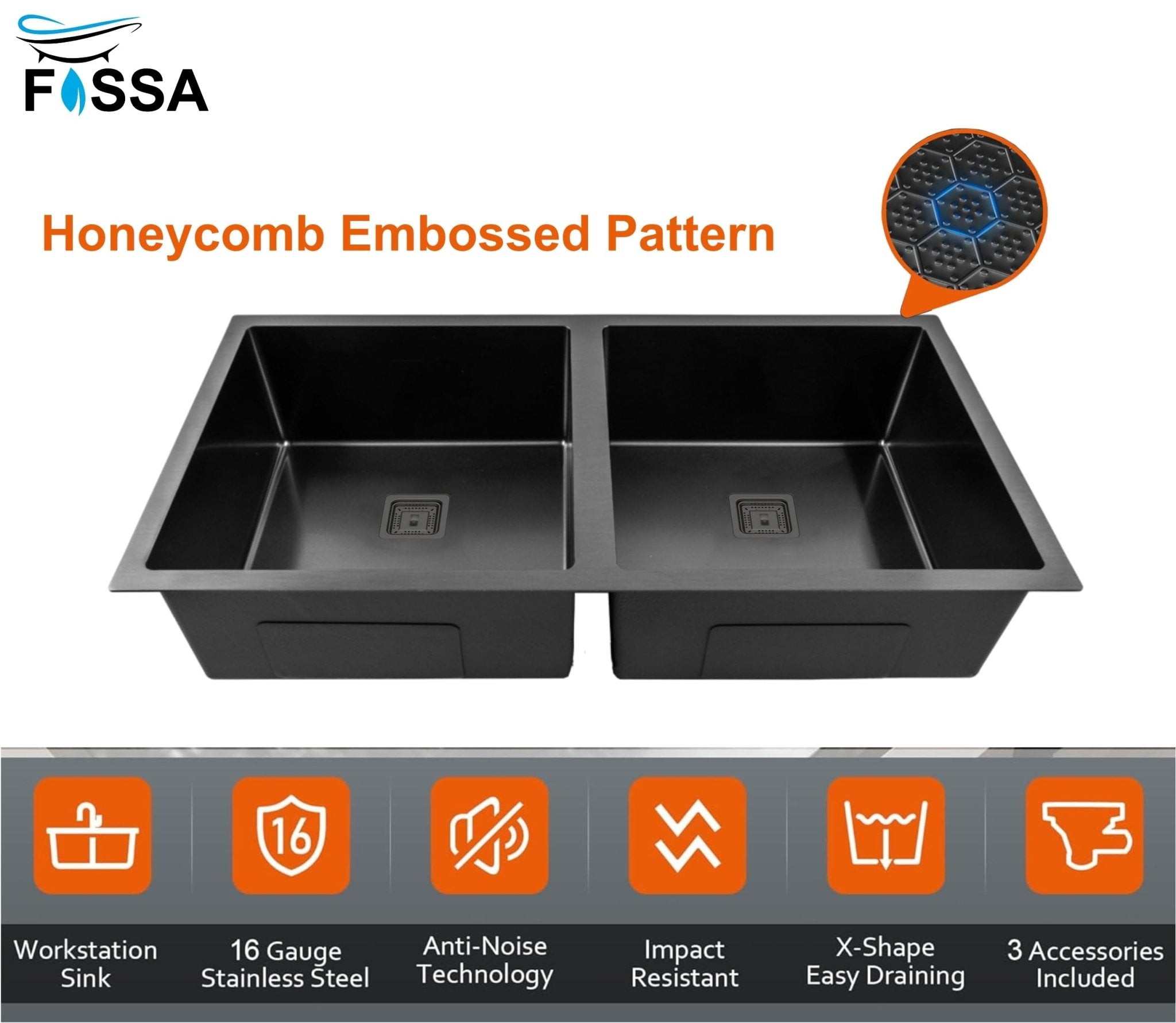Fossa 45"x20"x10" Inch Double Bowl Honeycomb Embossed Kitchen Sink with Nano Coating (Black )-3