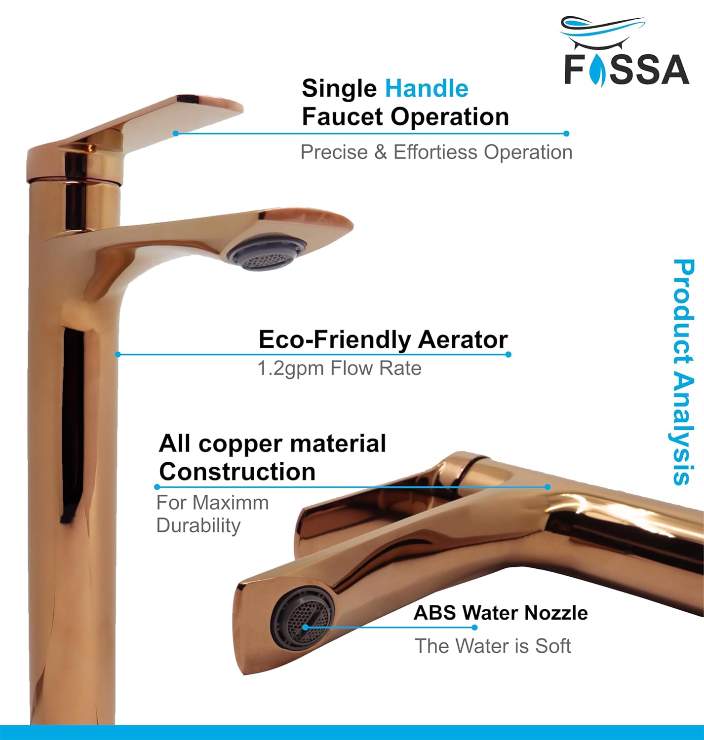 Fossa Olive Extended Body Brass Bathroom Sink Wash Basin Mixer Tap Single Handle Hot & Cold Lavatory Sink Faucet for Living Room & Bathrooms (Rose Gold)-1