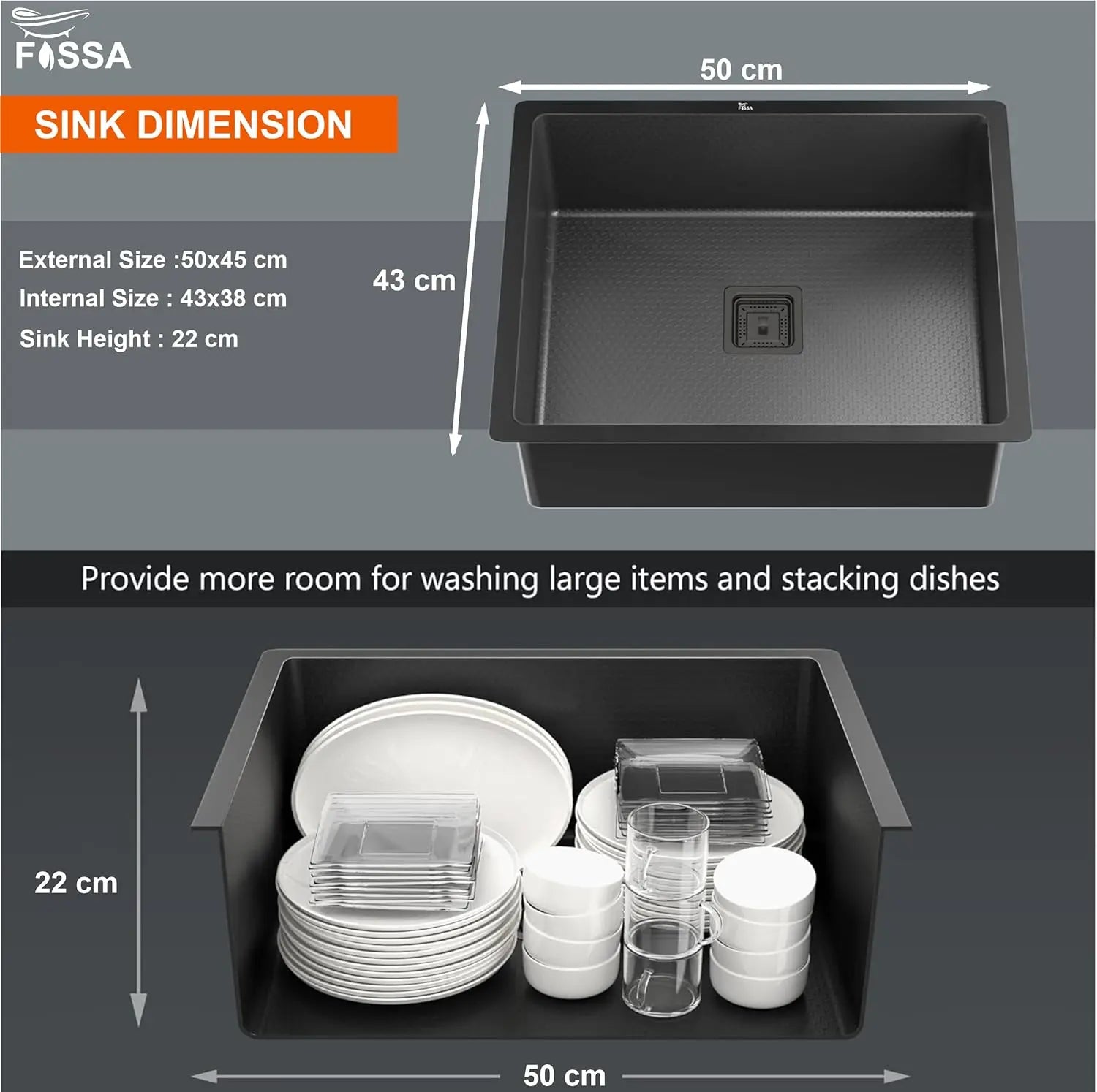 Fossa 22"x18"x09" Inch Single Bowl 304 Grade Honeycomb Embossed Kitchen Sink with Nano Coating (Black )-1