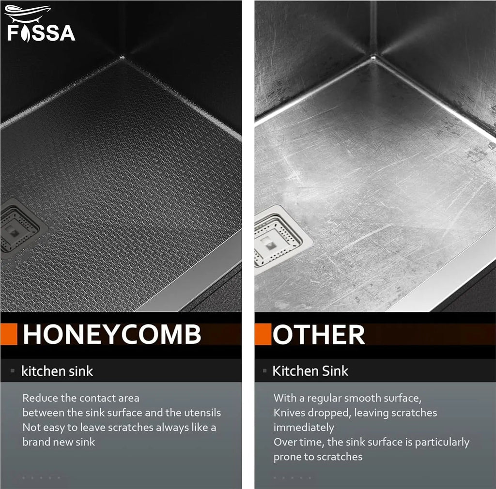 Fossa 22"x18"x09" Inch Single Bowl 304 Grade Honeycomb Embossed Kitchen Sink with Nano Coating (Black )-2