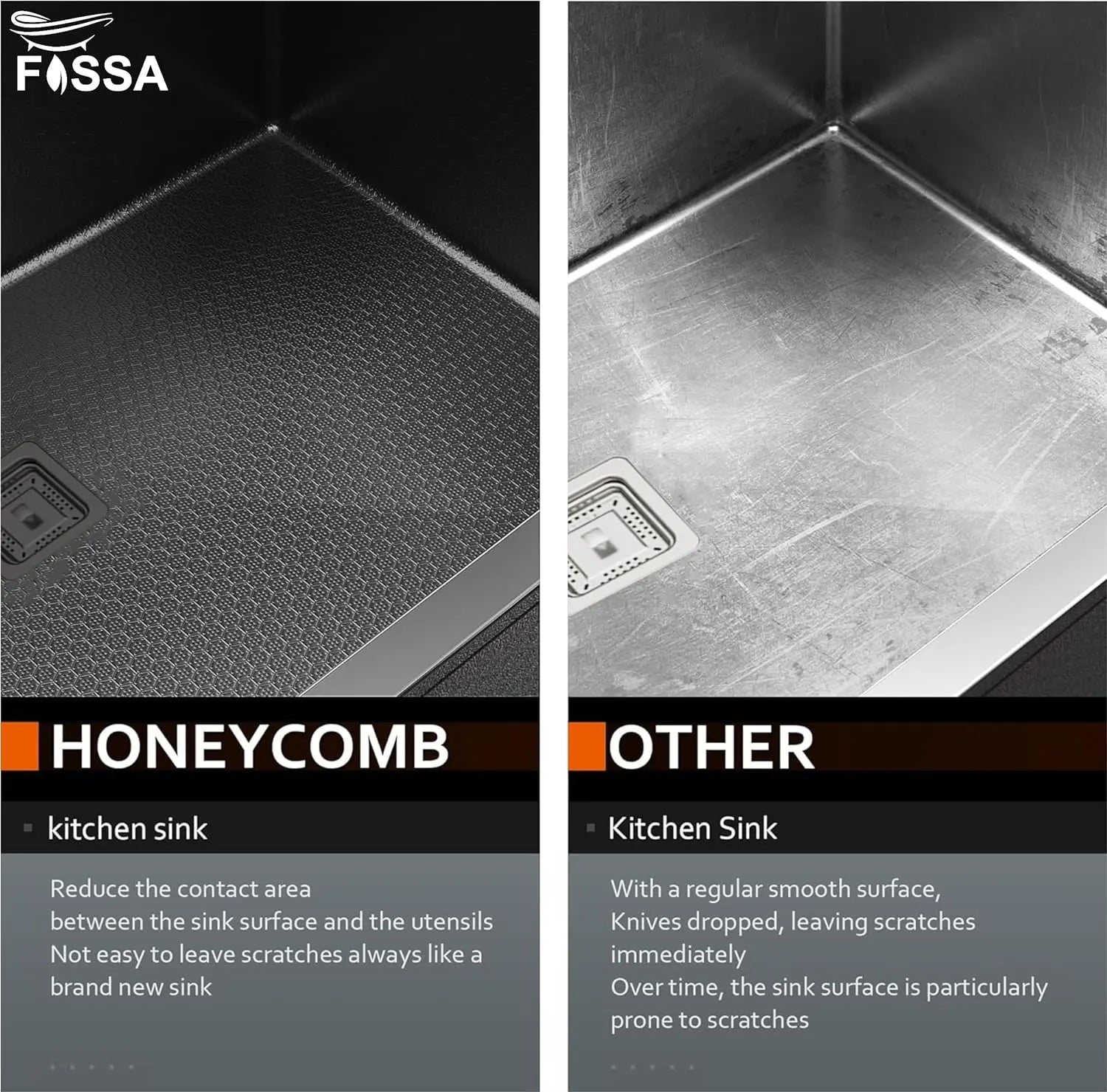 Fossa 22"x18"x09" Inch Single Bowl 304 Grade Honeycomb Embossed Kitchen Sink with Nano Coating (Black )-2