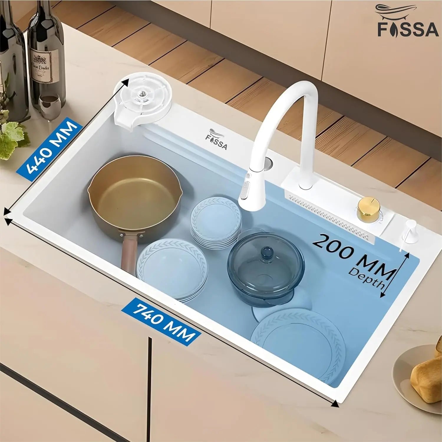 Fossa 30"x18"x10" inch Waterfall Premium Kitchen Sink with Integrated Waterfall Mode and Pull down Faucet with Steel Tray, Fruit Basket, and Complete Accessories Set - (White)-1