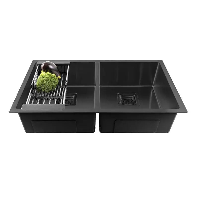 Fossa 32"x18"x10" Inch Double Bowl SS-304 Grade Stainless Steel Handmade Kitchen Sink Black-0