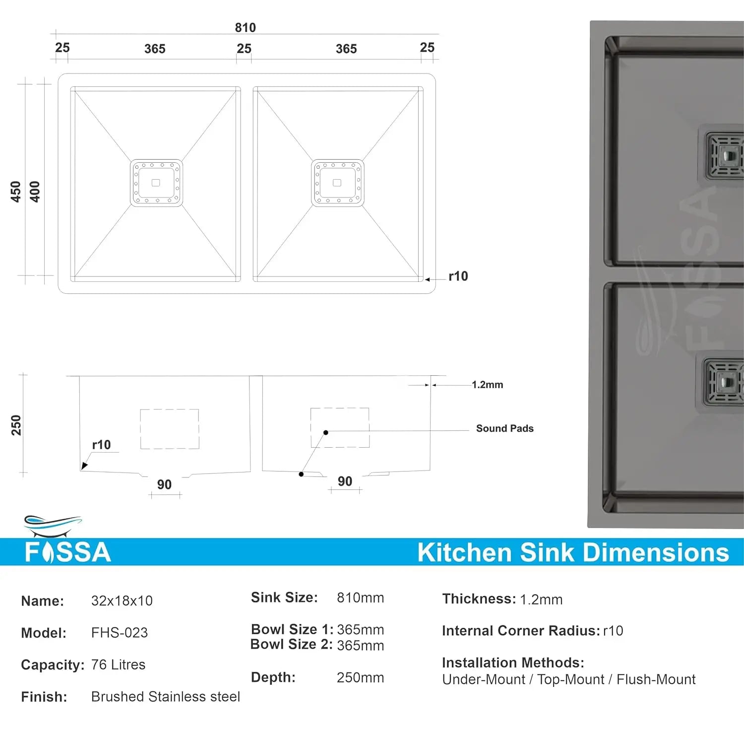 Fossa 32"x18"x10" Inch Double Bowl SS-304 Grade Stainless Steel Handmade Kitchen Sink Black-1