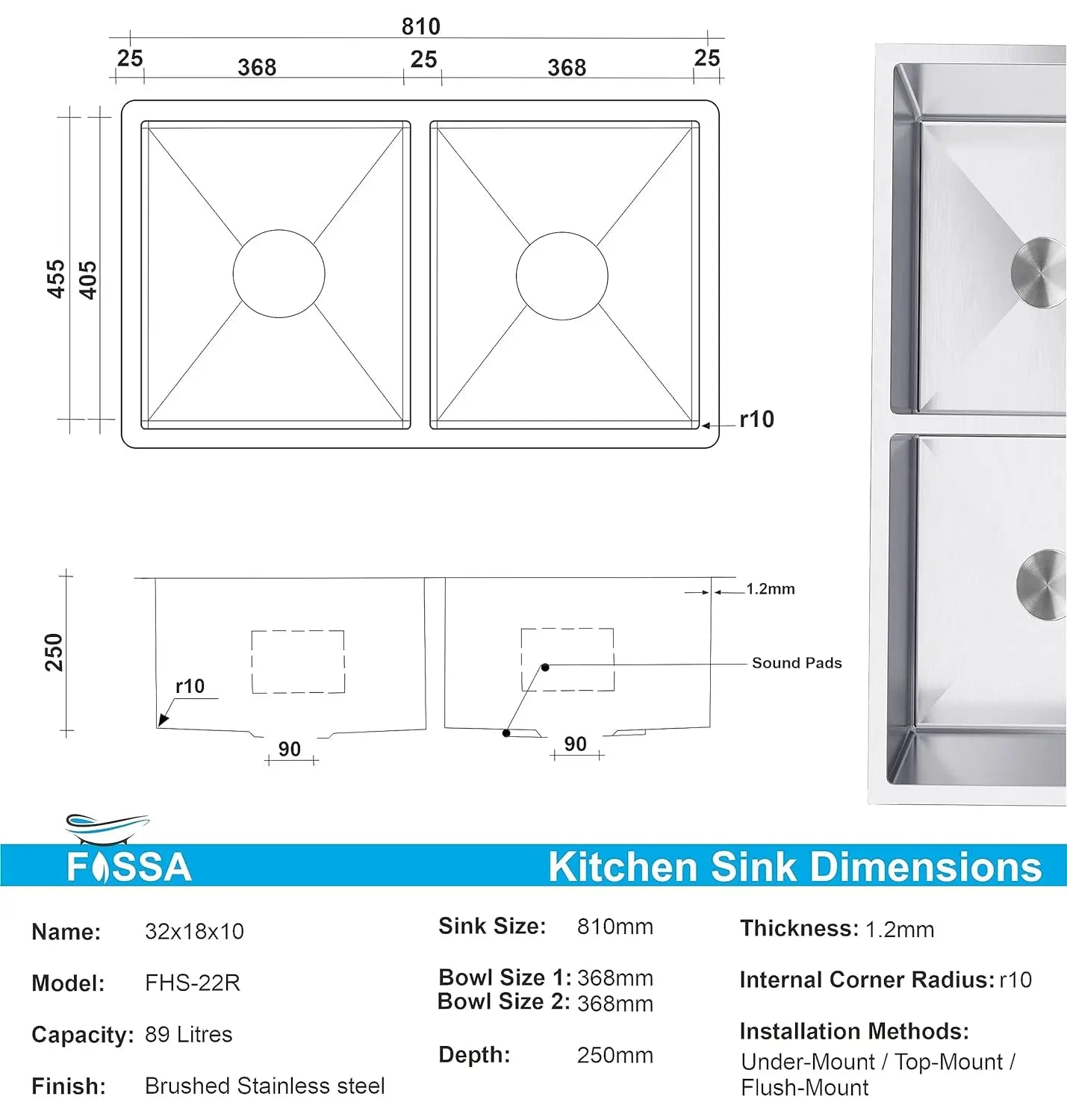 Fossa 32"x18"x10" Inch Double Bowl SS-304 Grade Stainless Steel Handmade Kitchen Sink Round Coupling Matte Finish FS-022R-1