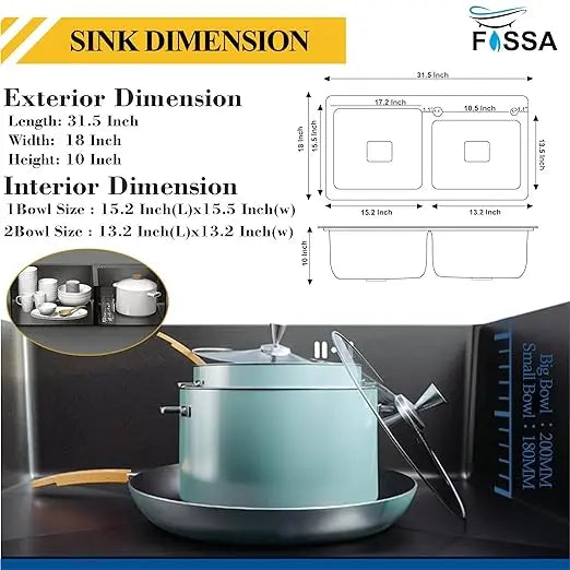 Fossa 32"x18"x10" Inch Double Bowl Tap Hole With Soap Dispenser Stainless steel Handmade Kitchen Sink ( Black )-1