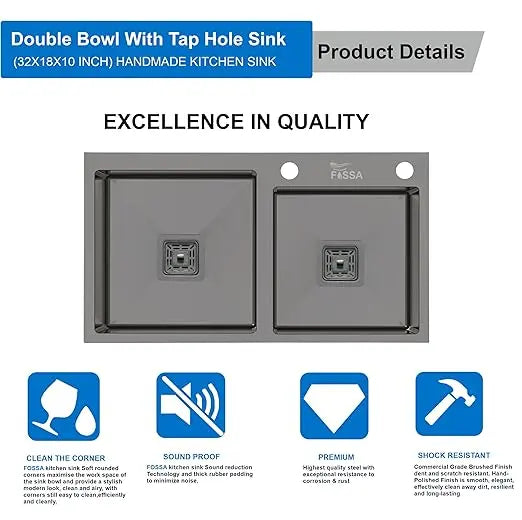 Fossa 32"x18"x10" Inch Double Bowl Tap Hole With Soap Dispenser Stainless steel Handmade Kitchen Sink ( Black )-2