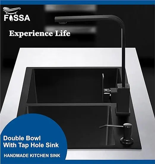 Fossa 32"x18"x10" Inch Double Bowl Tap Hole With Soap Dispenser Stainless steel Handmade Kitchen Sink ( Black )-4