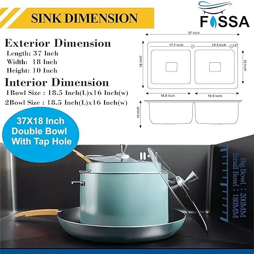 Fossa 37"x18"x10" Inch Double Bowl Tap Hole With Soap Dispenser Stainless steel Handmade Kitchen Sink ( Black )-1