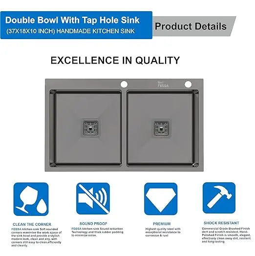 Fossa 37"x18"x10" Inch Double Bowl Tap Hole With Soap Dispenser Stainless steel Handmade Kitchen Sink ( Black )-2
