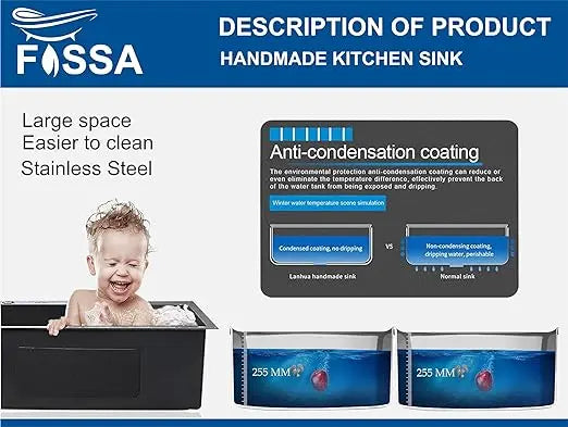 Fossa 37"x18"x10" Inch Double Bowl Tap Hole With Soap Dispenser Stainless steel Handmade Kitchen Sink ( Black )-3