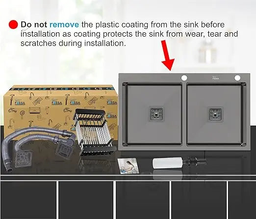 Fossa 37"x18"x10" Inch Double Bowl Tap Hole With Soap Dispenser Stainless steel Handmade Kitchen Sink ( Black )-4