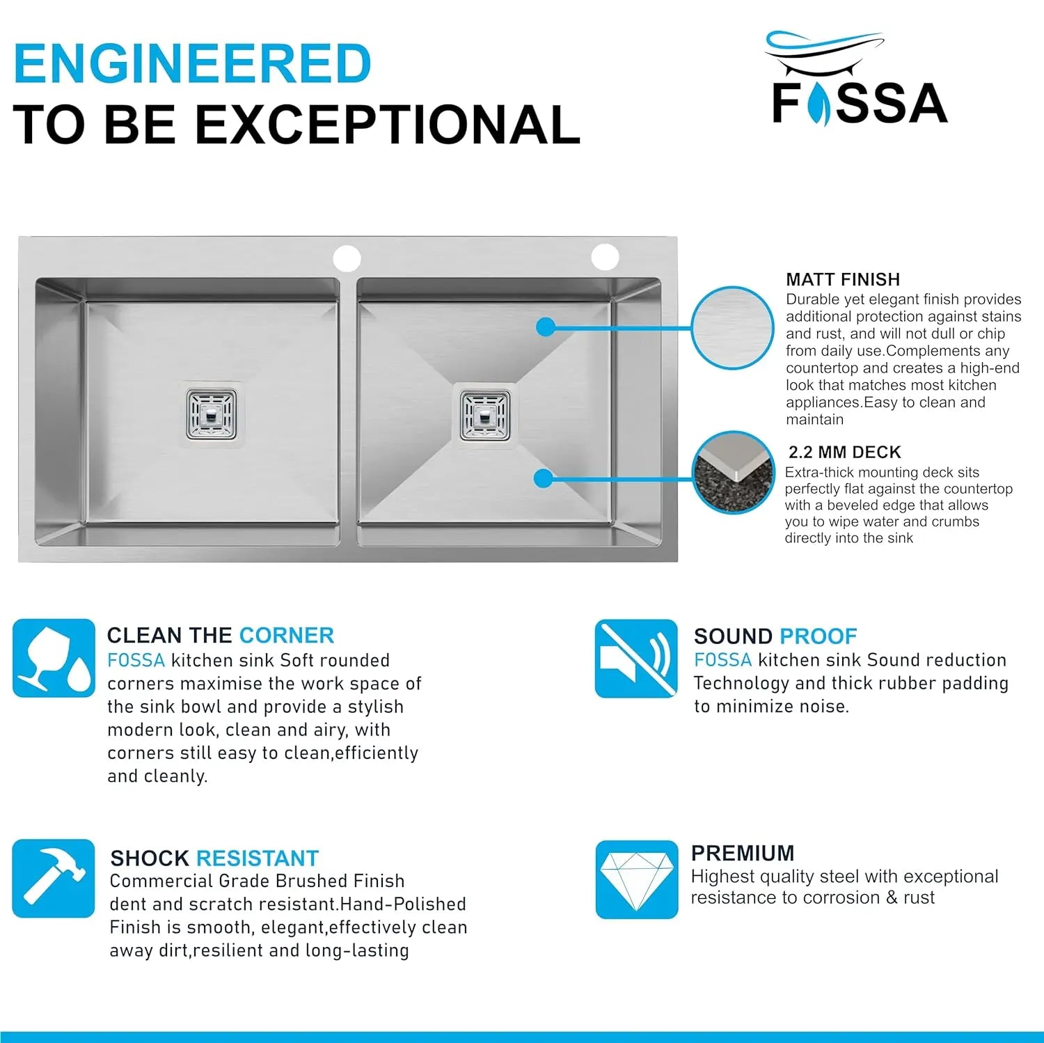 Fossa 45"x20"x10" Inch Double Bowl With Tap Hole SS-304 Grade Stainless Steel Handmade Kitchen Sink Silver-2