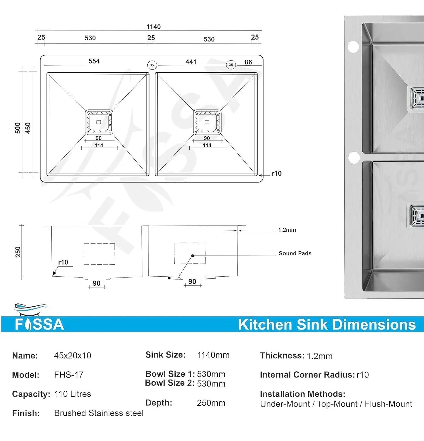 Fossa 45"x20"x10" Inch Double Bowl With Tap Hole SS-304 Grade Stainless Steel Handmade Kitchen Sink Silver-1