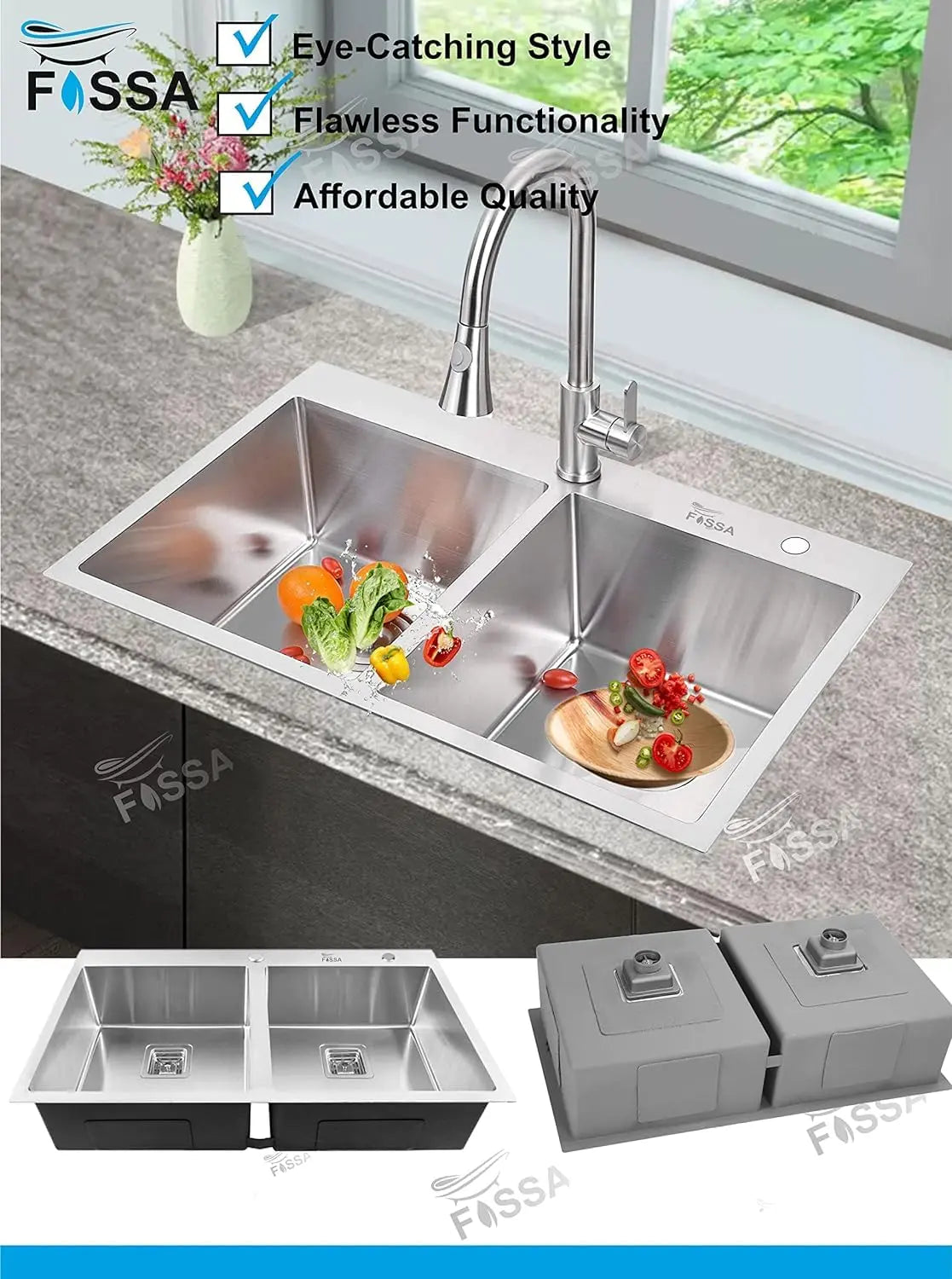 Fossa 45"x20"x10" Inch Double Bowl With Tap Hole SS-304 Grade Stainless Steel Handmade Kitchen Sink Silver-4
