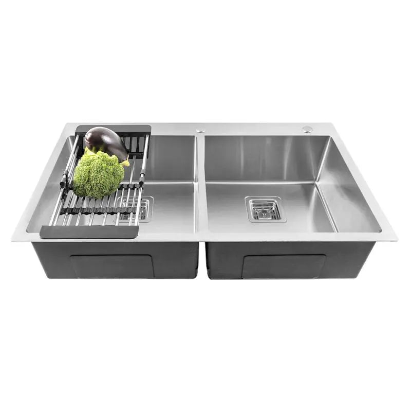 Fossa 45"x20"x10" Inch Double Bowl With Tap Hole SS-304 Grade Stainless Steel Handmade Kitchen Sink Silver-0