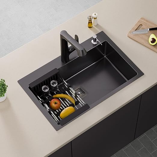 Fossa 24"x18"x10" Inch Single Bowl With Tap Hole Premium Stainless Steel Handmade Kitchen Sink (Matte Finish) Black-3