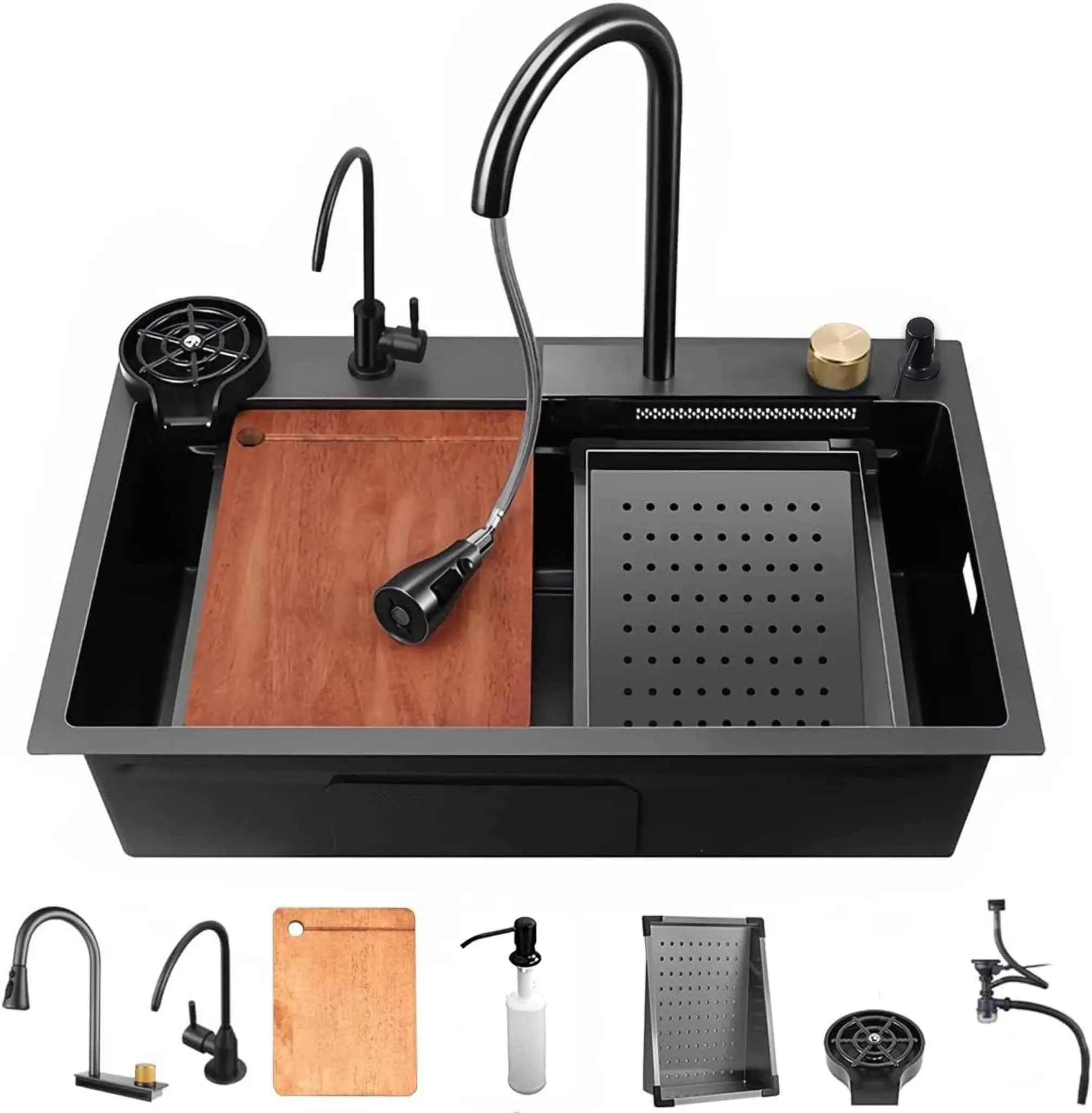 Fossa 24"x18"x10" inch Waterfall Premium Nano Kitchen Sink with Integrated  Pull Out Mixer Faucet & Complete Set-0
