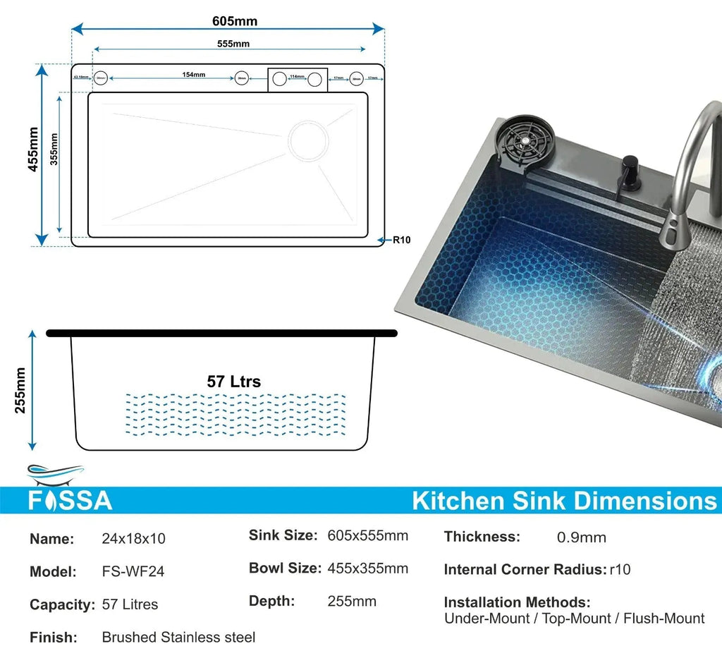 Fossa 24"x18"x10" inch Waterfall Premium Nano Kitchen Sink with Integrated  Pull Out Mixer Faucet & Complete Set-1