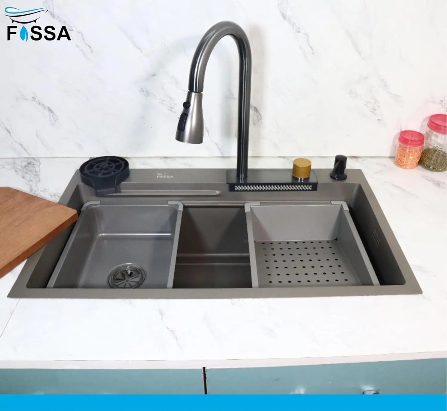 Fossa 30"x18"x09" Single Bowl Premium Waterfall Kitchen Sink Honeycomb Embossed Sink with Black Nano Coating, Stainless Steel, Rectangular Workstation, Faucet with Included All Accessories. (Grey)-1