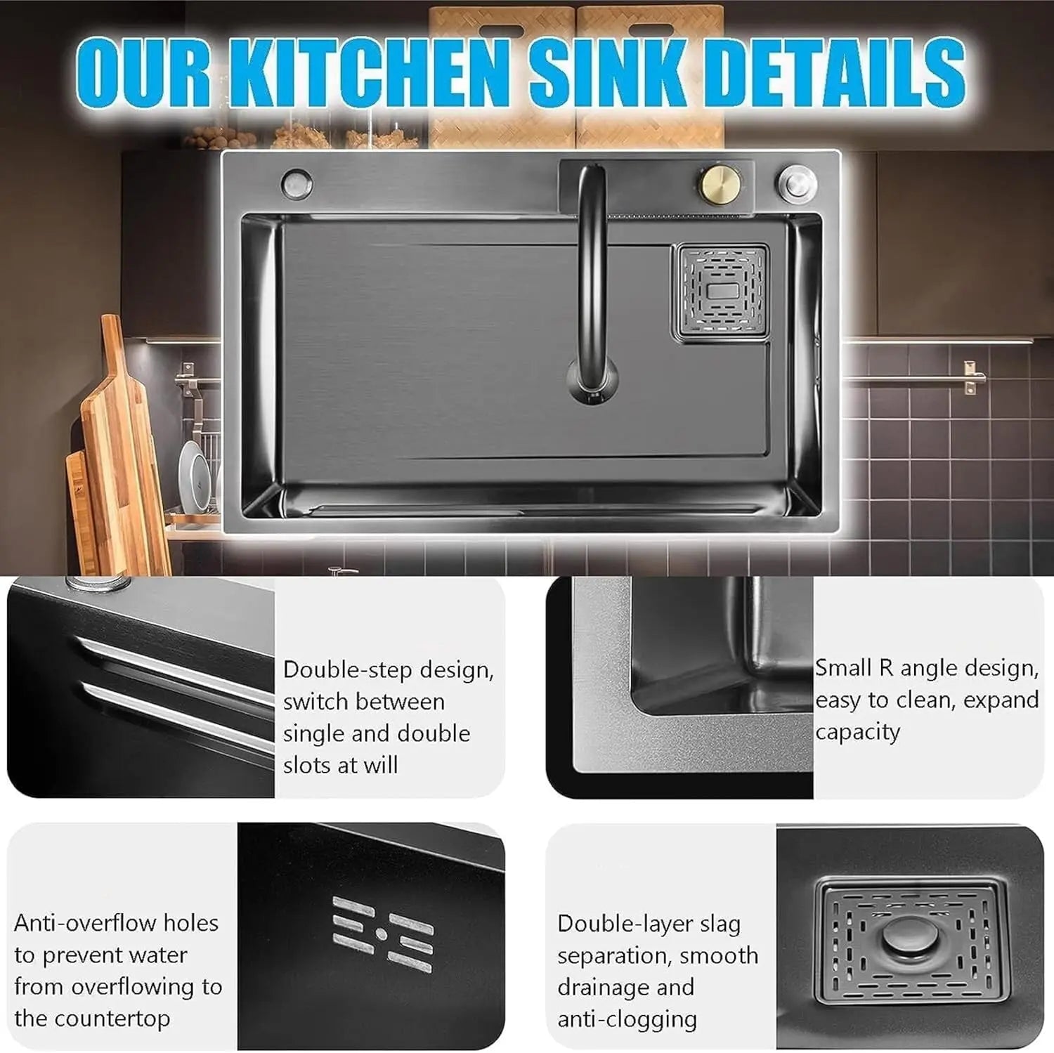 Fossa 30"x18"x09" Single Bowl Premium Waterfall Kitchen Sink Honeycomb Embossed Sink with Black Nano Coating, Stainless Steel, Rectangular Workstation, Faucet with Included All Accessories. (Grey)-3