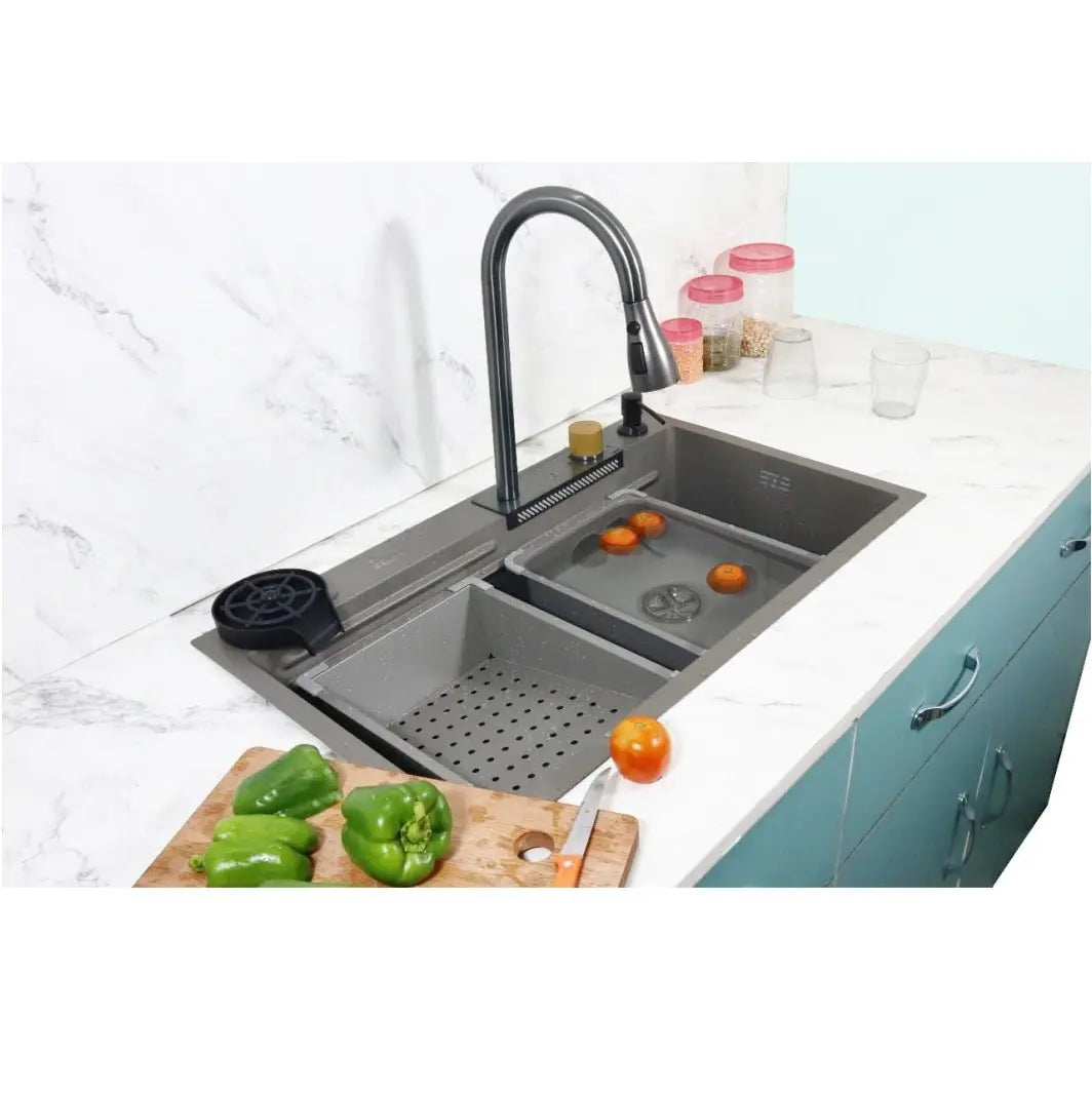 Fossa 30"x18"x09" Single Bowl Premium Waterfall Kitchen Sink Honeycomb Embossed Sink with Black Nano Coating, Stainless Steel, Rectangular Workstation, Faucet with Included All Accessories. (Grey)-0