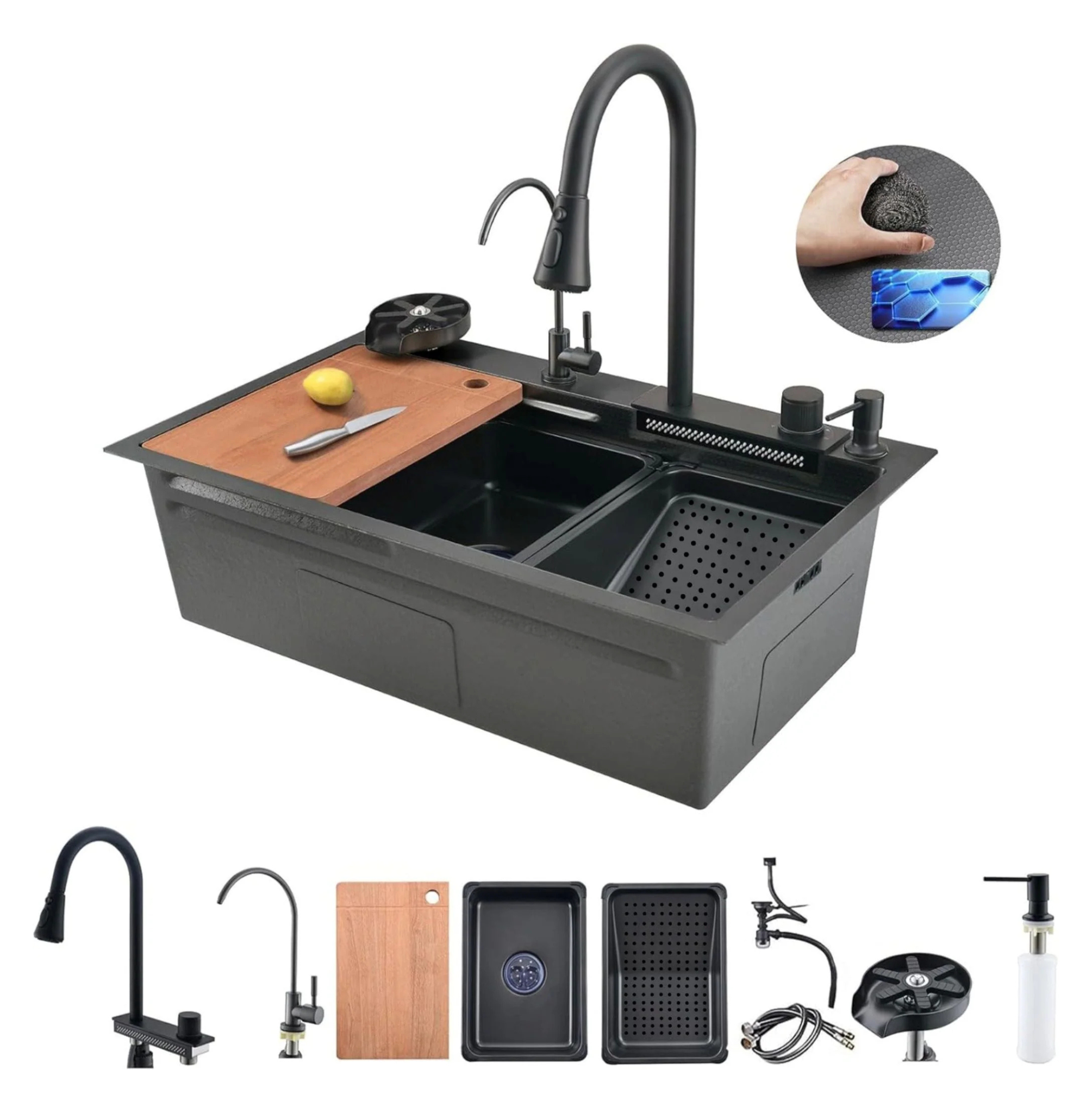 Fossa 30"x18"x10" inch Premium Stainless Steel Handmade Single Bowl With Water Fall Kitchen Sink, Matte Finish-0