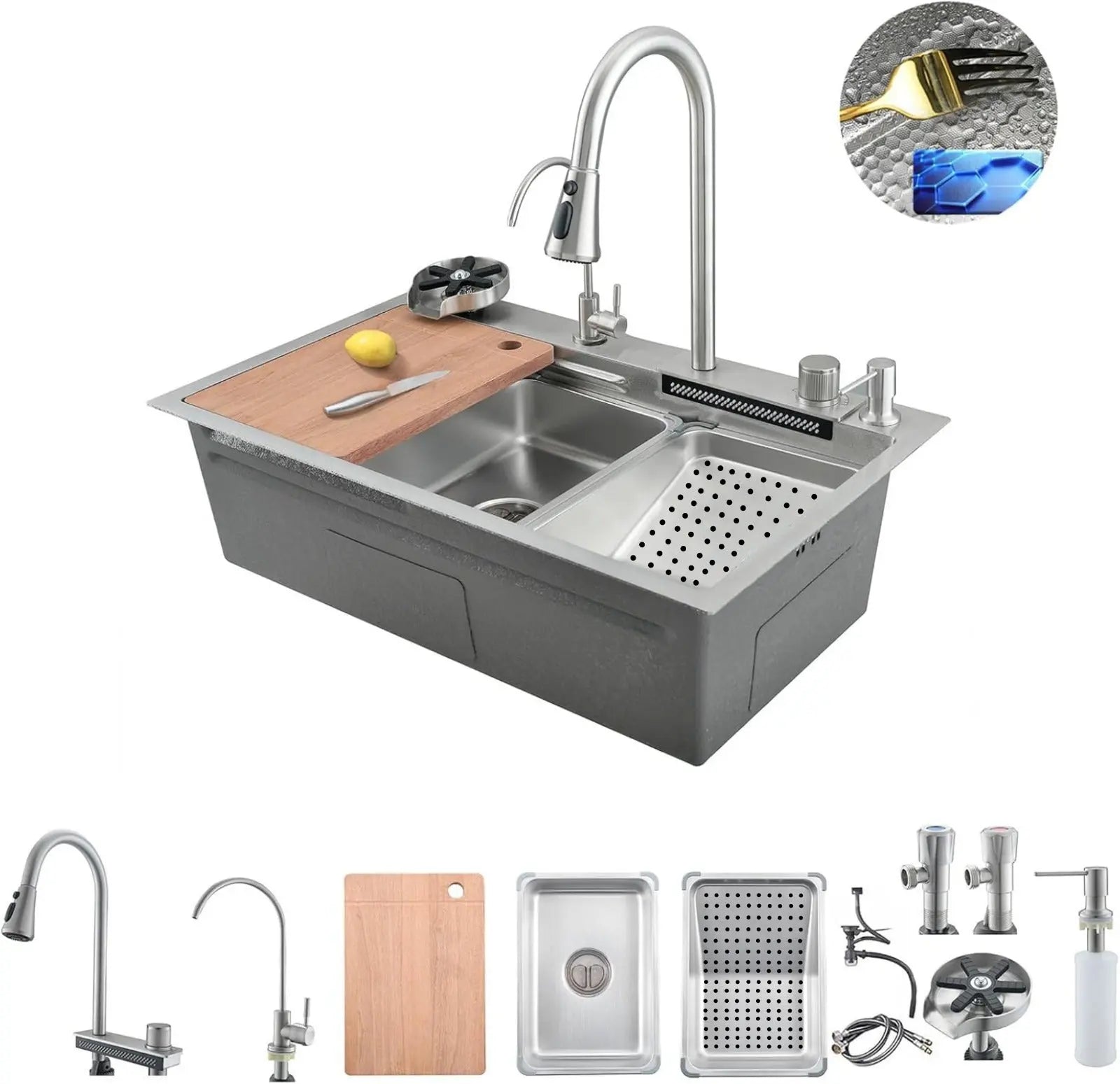 Fossa 30"x18"x10" inch Stainless Steel Premium Honeycomb Handmade Single Bowl With Water Fall Kitchen Sink, Matte Finish, With Basket-0