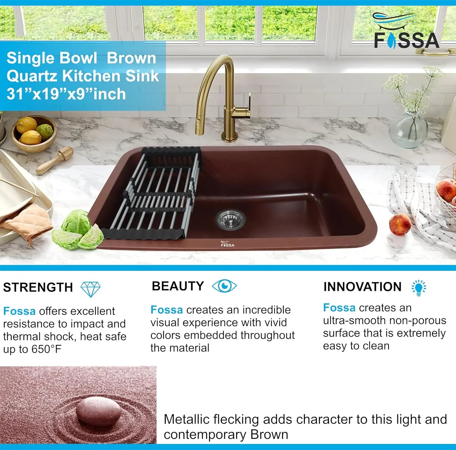 Fossa 31"x19"x09" Inch Granite Quartz Kitchen Sink Single Bowl with Basket, Coupling, Waste Pipe Quartz German Engineered Technology Kitchen Sink Easy-to-Clean Sink (Choco Brown)-4