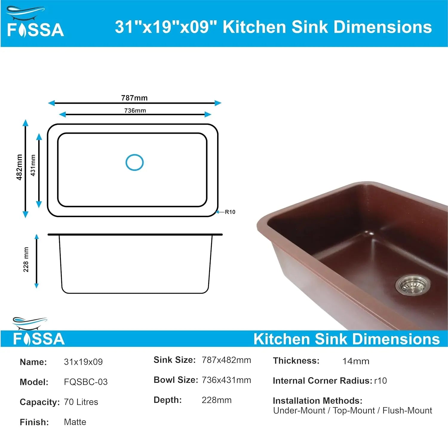 Fossa 31"x19"x09" Inch Granite Quartz Kitchen Sink Single Bowl with Basket, Coupling, Waste Pipe Quartz German Engineered Technology Kitchen Sink Easy-to-Clean Sink (Choco Brown)-1