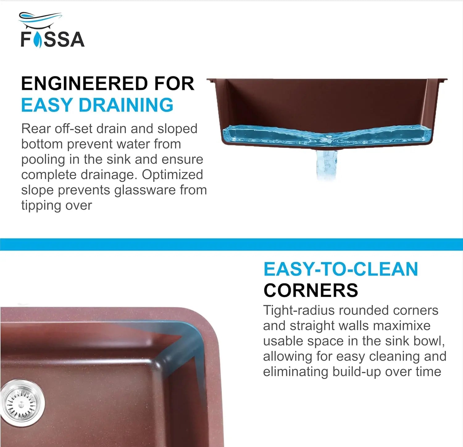 Fossa 31"x19"x09" Inch Granite Quartz Kitchen Sink Single Bowl with Basket, Coupling, Waste Pipe Quartz German Engineered Technology Kitchen Sink Easy-to-Clean Sink (Choco Brown)-2