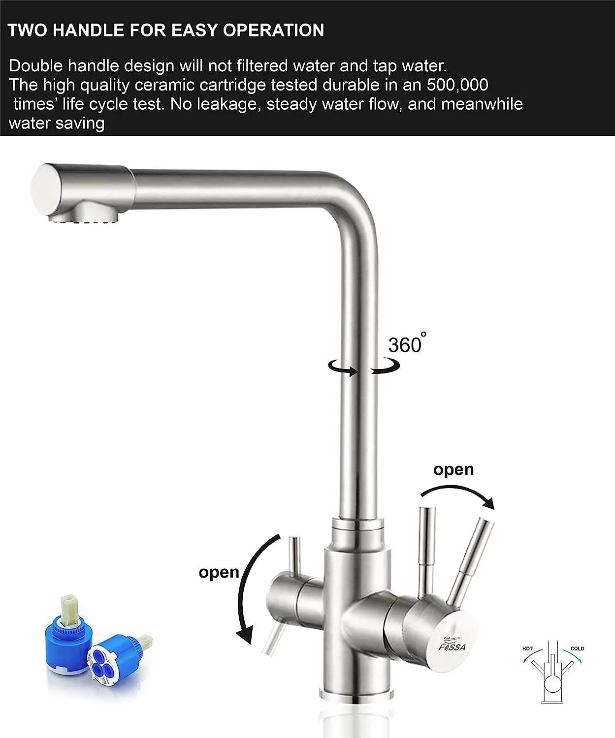 Fossa 3 Way Kitchen Mixer Taps with Drinking Water Filter Tap, Solid Stainless Steel Dual Handle Cold and Hot Water Kitchen Mixer ( Silver )-4