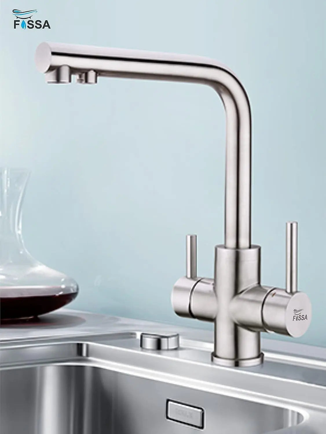 Fossa 3 Way Kitchen Mixer Taps with Drinking Water Filter Tap, Solid Stainless Steel Dual Handle Cold and Hot Water Kitchen Mixer ( Silver )-1