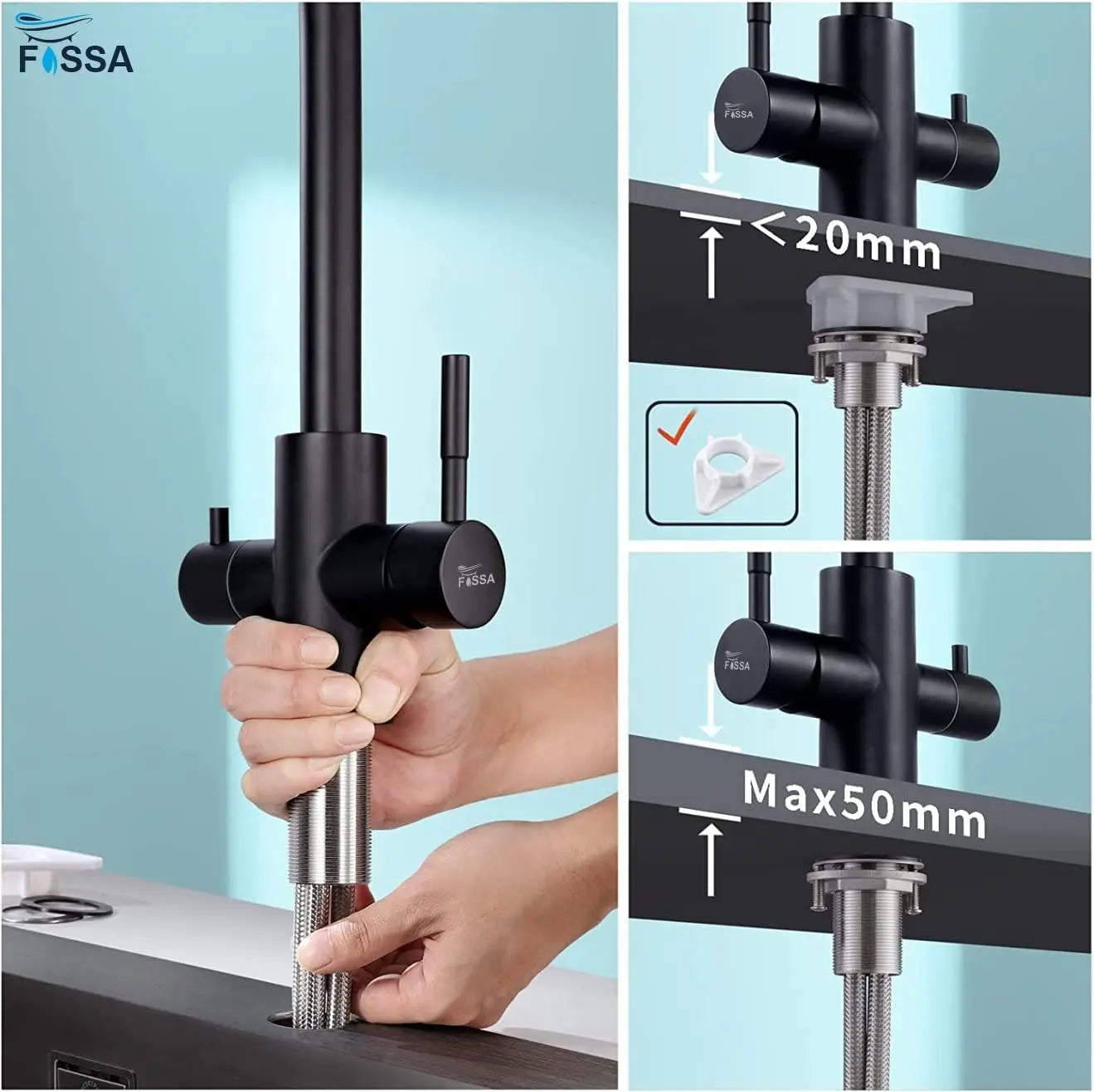 Fossa 3-Way Kitchen Tap, 360° Swivel, Kitchen Mixer Tap for, 3-in-1 High Pressure Tap, Drinking Tap with Hot & Cold Water-3