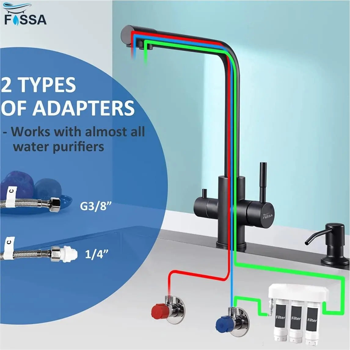 Fossa 3-Way Kitchen Tap, 360° Swivel, Kitchen Mixer Tap for, 3-in-1 High Pressure Tap, Drinking Tap with Hot & Cold Water-4