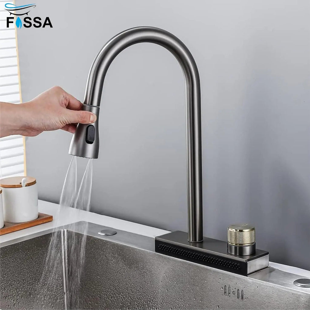 Wainfall Kitchen Sink Faucet Pull Out Four Water Outlet Modes Cold and Hot Can Rotate TAP ( Grey )-4