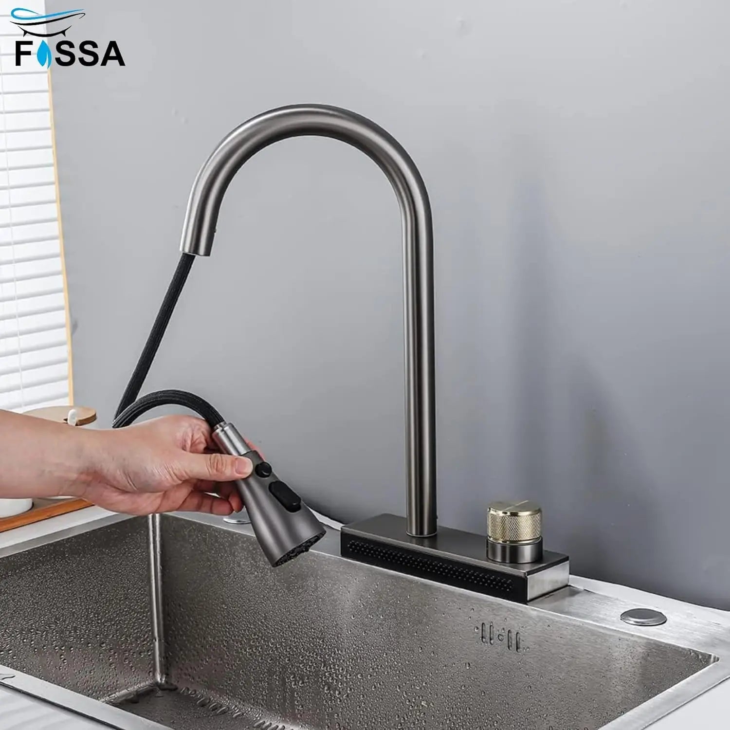 Wainfall Kitchen Sink Faucet Pull Out Four Water Outlet Modes Cold and Hot Can Rotate TAP ( Grey )-2