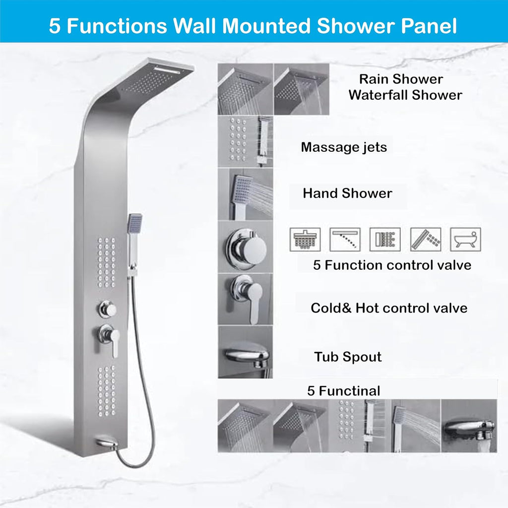 Stainless Steel Shower Panel Full Set, Dual Flow Overhead Waterfall Shower, Hand Shower, Wall Mount Shower Panel For Bathrooms (Silver)-1