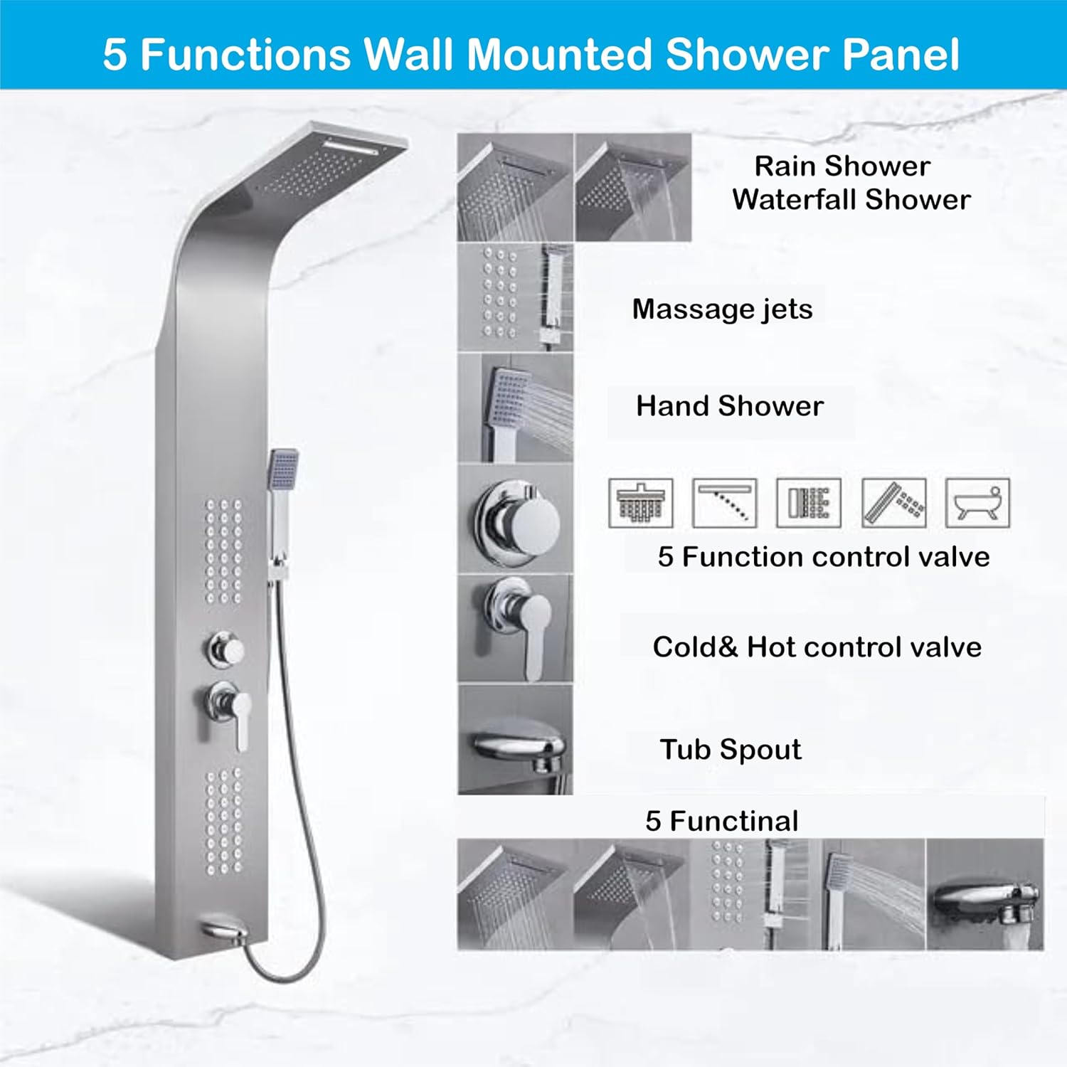 Stainless Steel Shower Panel Full Set, Dual Flow Overhead Waterfall Shower, Hand Shower, Wall Mount Shower Panel For Bathrooms (Silver)-1