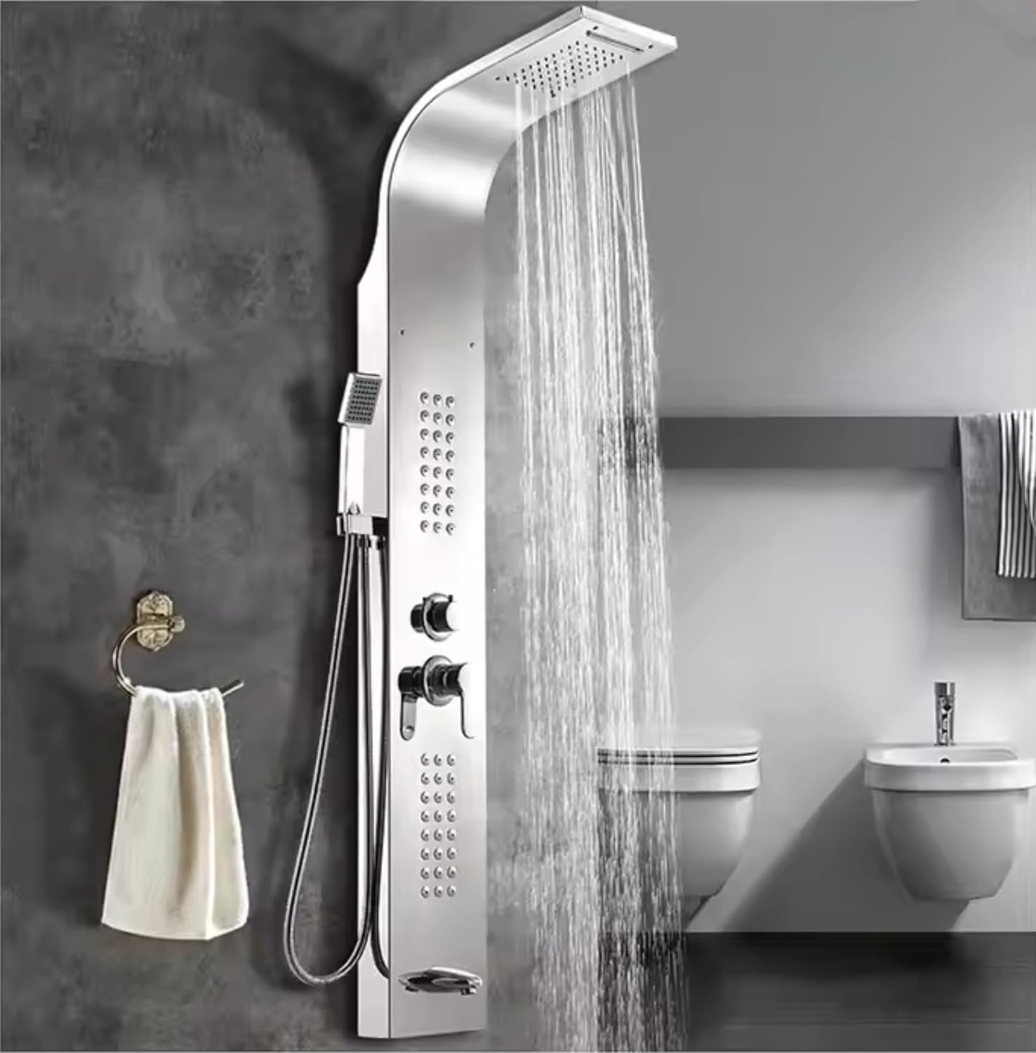 Stainless Steel Shower Panel Full Set, Dual Flow Overhead Waterfall Shower, Hand Shower, Wall Mount Shower Panel For Bathrooms (Silver)-0