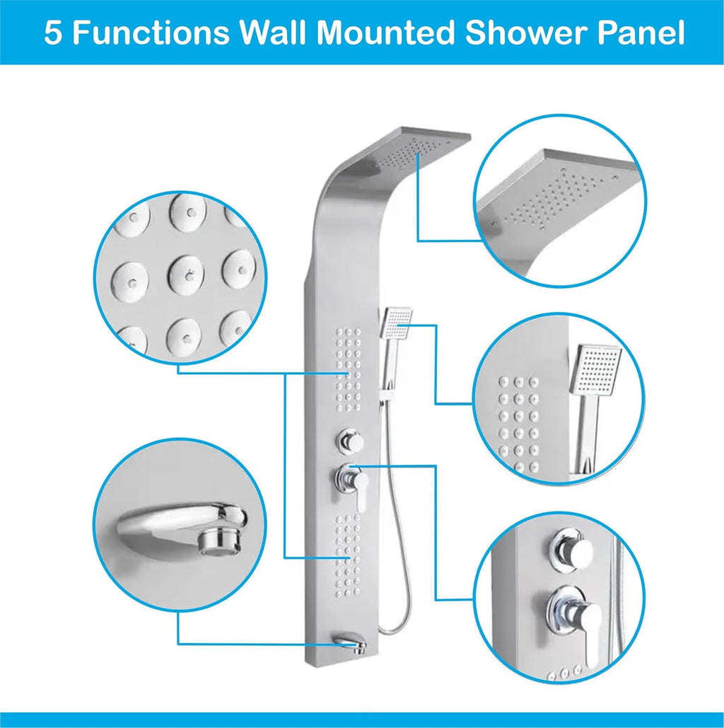 Stainless Steel Shower Panel Full Set, Dual Flow Overhead Waterfall Shower, Hand Shower, Wall Mount Shower Panel For Bathrooms (Silver)-3