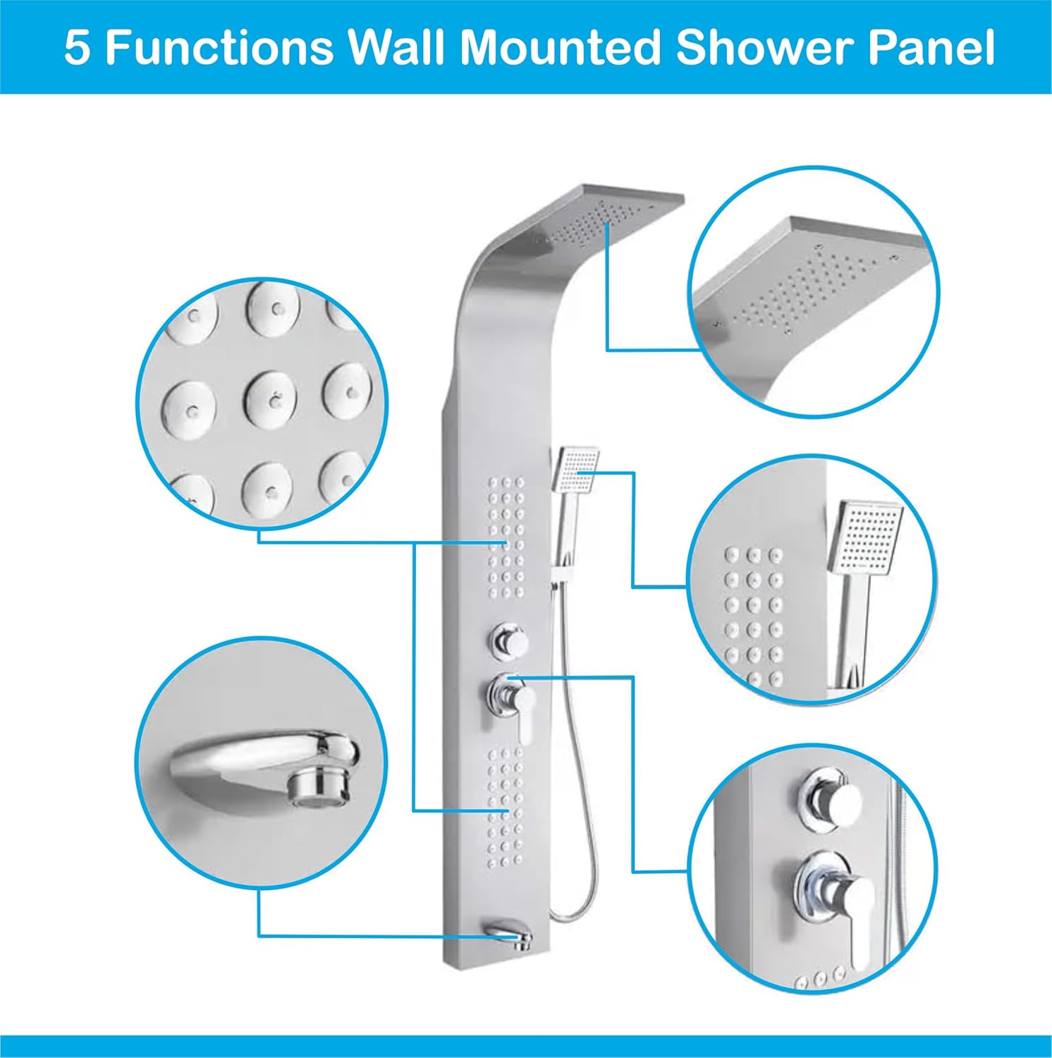 Stainless Steel Shower Panel Full Set, Dual Flow Overhead Waterfall Shower, Hand Shower, Wall Mount Shower Panel For Bathrooms (Silver)-3